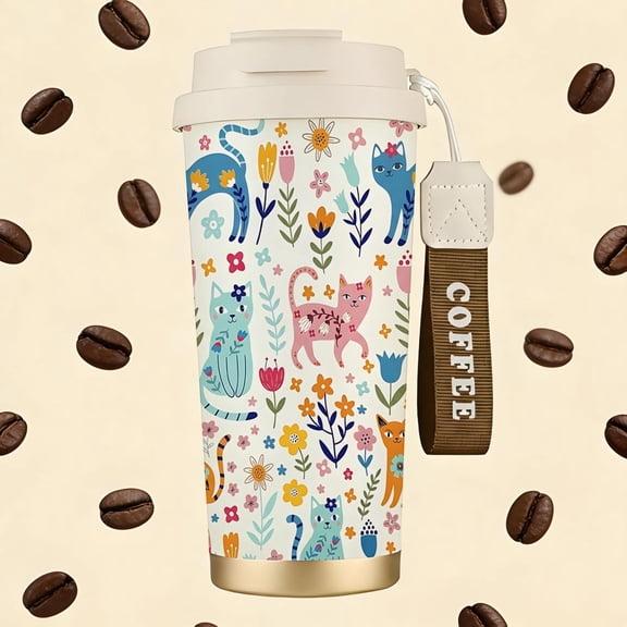 Whimsical Floral Cat Pattern Stainless Steel Insulated Coffee Cup with Double Drink Design, Portable Travel Tumbler with COFFEE Wrist Strap, Reusable Thermal Mug, Perfect Gifts For Birthday Holiday