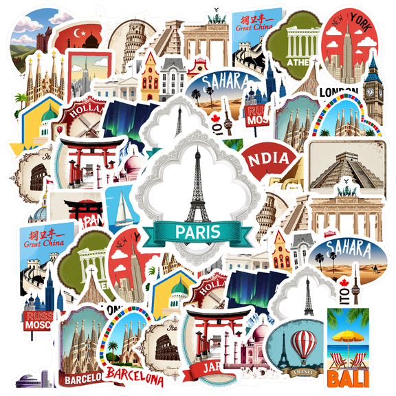 35pcs Colorful Stickers Landmark Decals Travel Stickers PVC Waterproof for Laptop Suitcase Guitar
