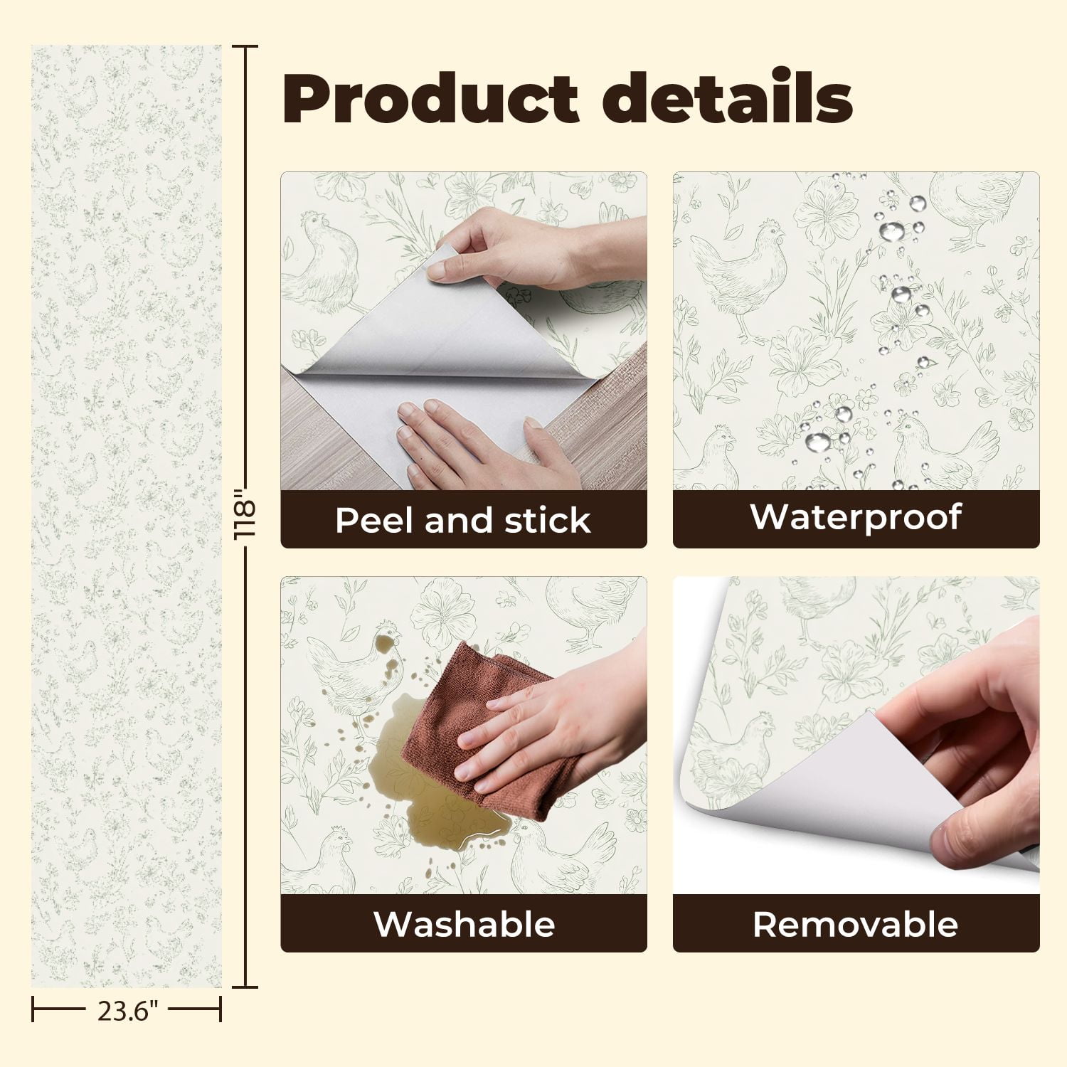 Peel and Stick Wallpaper 23.6in x 9.8ft Hand Drawn Chicken Floral Soft Green Tones Contact Paper Vinyl Waterproof Self Adhesive Wall Paper for Bedroom Shelf Cabinet Renter Friendly