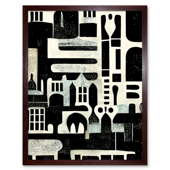 Bold Monochrome Modern Vintage Abstract Geometric Black White Cream Grey Art Print Framed Poster Wall Decor 12x16 inch