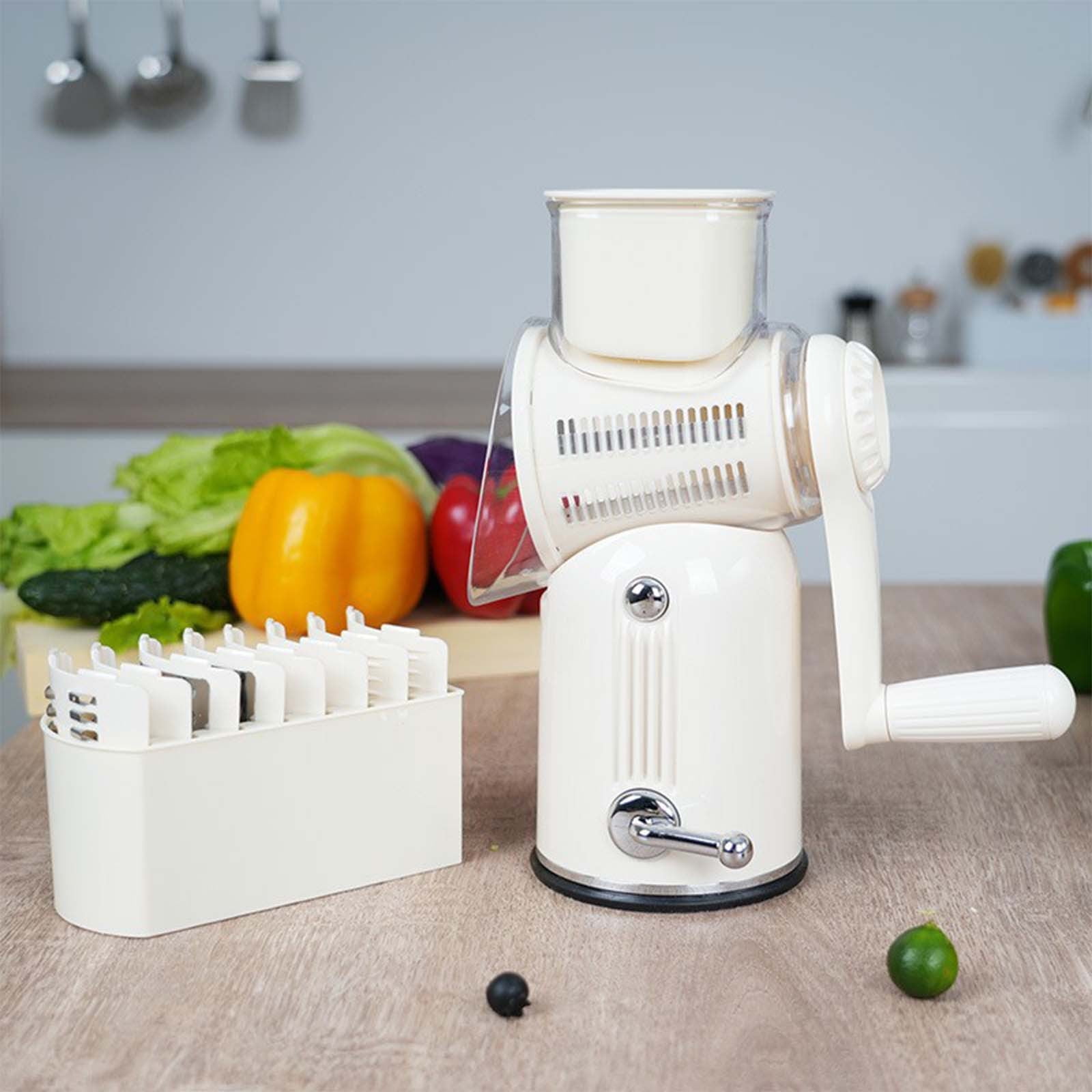 Rotary Grater With Handle | 5-in-1 Manual Food Processor for Slicing & Shredding | Kitchen Tool for Cheese, Vegetables & Fruits | Includes 5 Stainless Steel Blades & Suction Base