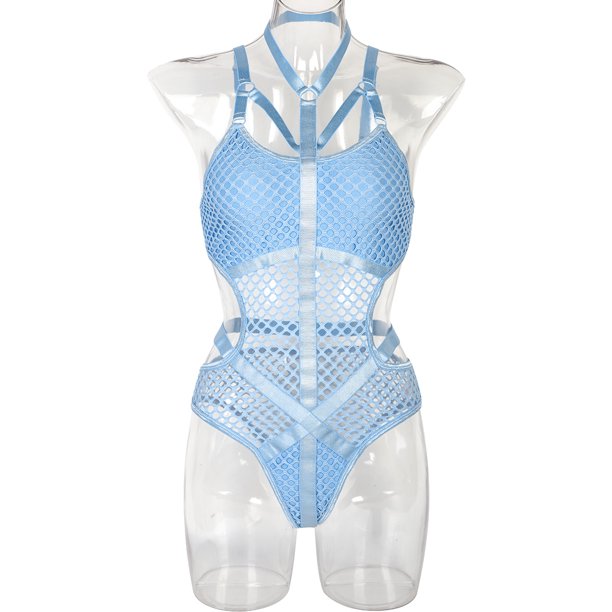 Mono de lencería sexy con cuello colgante de primavera y verano con empalme de malla grande