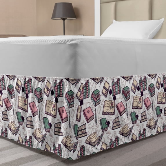 Retro Bed Skirt, Vintage Style Old Books Pens and Related Silhouettes on Plain Background, Elastic Bedskirt Dust Ruffle Wrap Around for Bedding Decor, 4 Sizes, Pearl and Multicolor, by Ambesonne