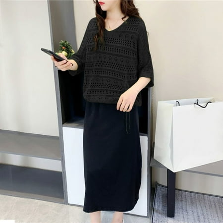 Riforla Women s Hollow Hollow Knit Thin Dress Two Piece Set 2 Piece Sets Women Outfit Black One Size
