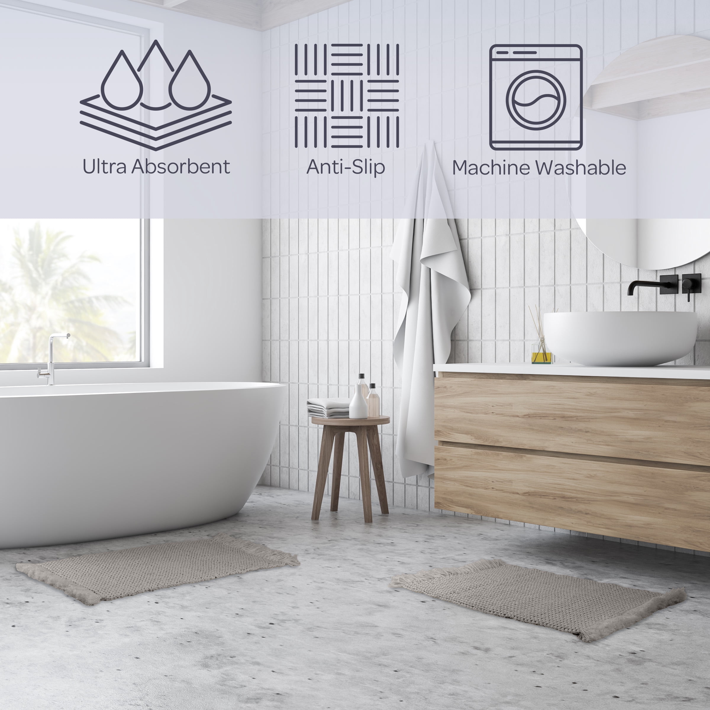 Lavish Home 2PC Waffle Bath Mat Set - Machine Washable Bathroom Rugs (Gray)