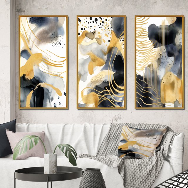 Designart "Pastel Abstract with Spots of Blue, Black, and Gold VI" Fractals Framed Wall Art Set Of 3 - Gold Fractals Frame Gallery Set For Office Decor