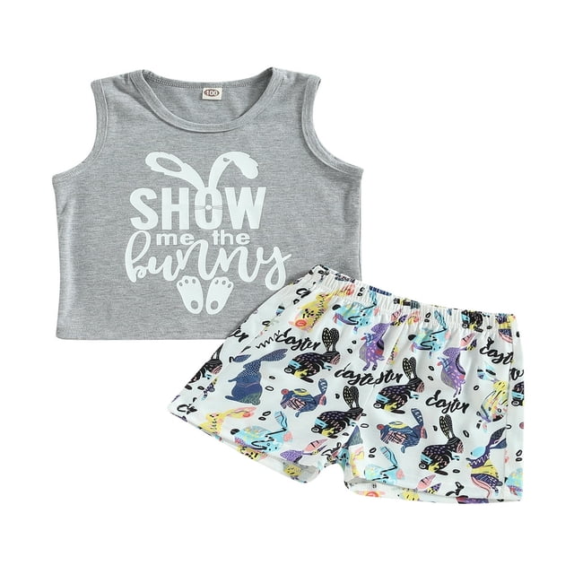 Kid Summer Easter Shorts Set Letters Print Tank Top with Bunny Shorts