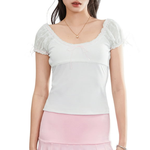 Musuos Women's White Slim Fit T-Shirts Cap Sleeve Scoop Neck Lace Trim Summer Casual Tops