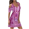 thumbnail image 1 of Leutsin Robe d'Été Décontractée pour Femme Grande Taille à Manches Mi-Longues, Col en U, Épaules Dénudées, Imprimée, Courte Mini, Coupe Droite, 1 of 6