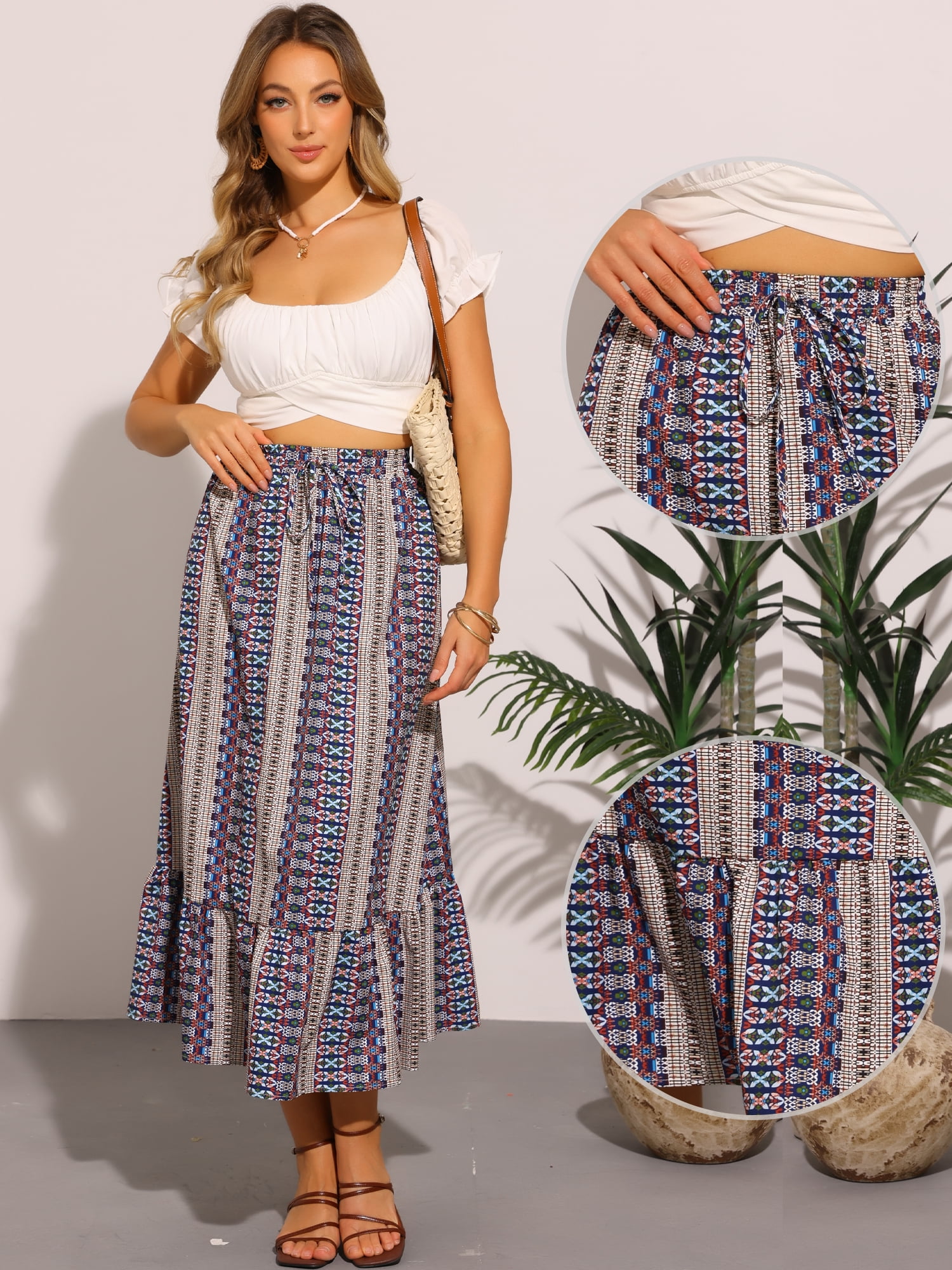 DARING DIVA Women's Elastic High Waist A-Line Spring Printed Midi Skirt XS Dark Blue