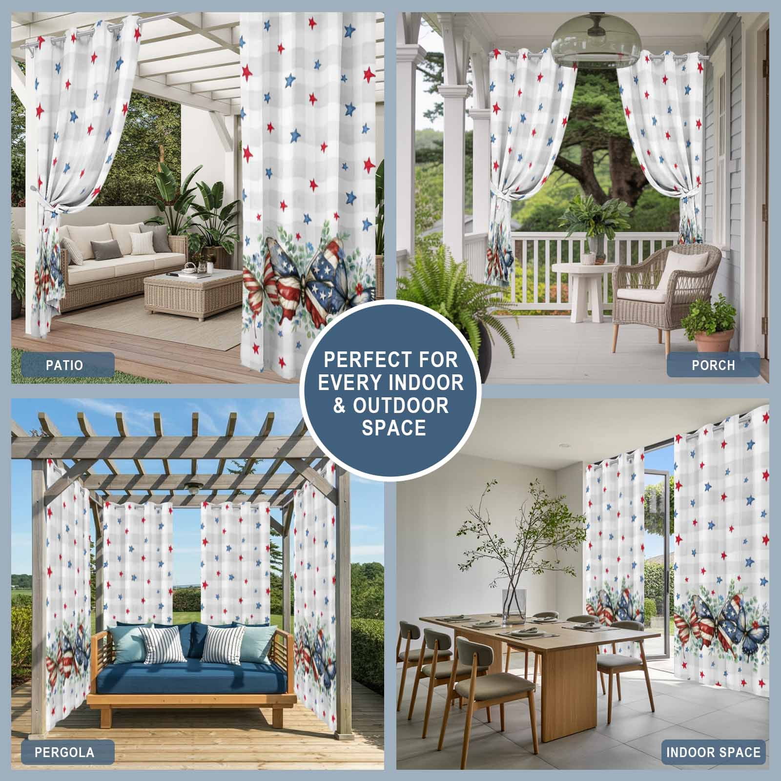 Independence Day Outdoor Curtains for Patio, Vintage Butterfly Star Leaf Gray Plaid Sunshade Privacy Drapes Grommet Waterproof Outside Curtains for Porch/Cabana/Balcony 54"x 108", 1 Panel