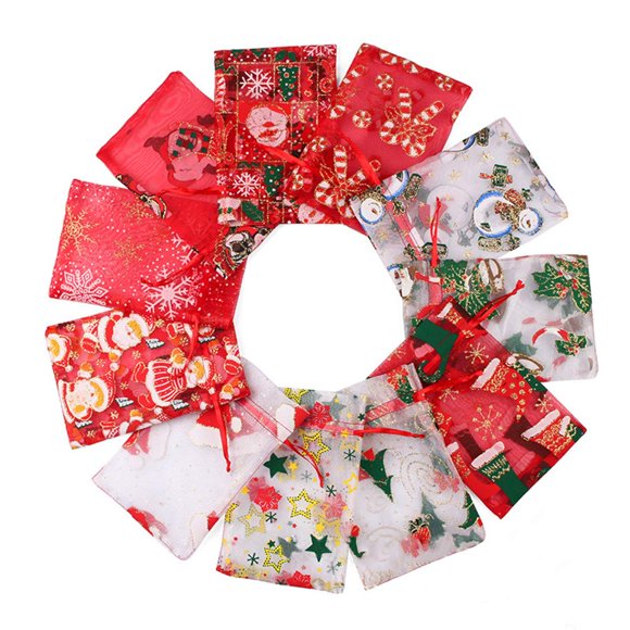 Stratalife Christmas Organza Gift Bag Drawstring 4X6 Small Gift Bags Snowflake Mesh Jewelry Pouches Candy Party Favor Bags Mixed Pattern (22PCS)