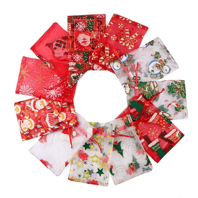 Stratalife Christmas Organza Gift Bag Drawstring 4X6 Small Gift Bags Snowflake Mesh Jewelry Pouches Candy Party Favor Bags Mixed Pattern (22PCS)