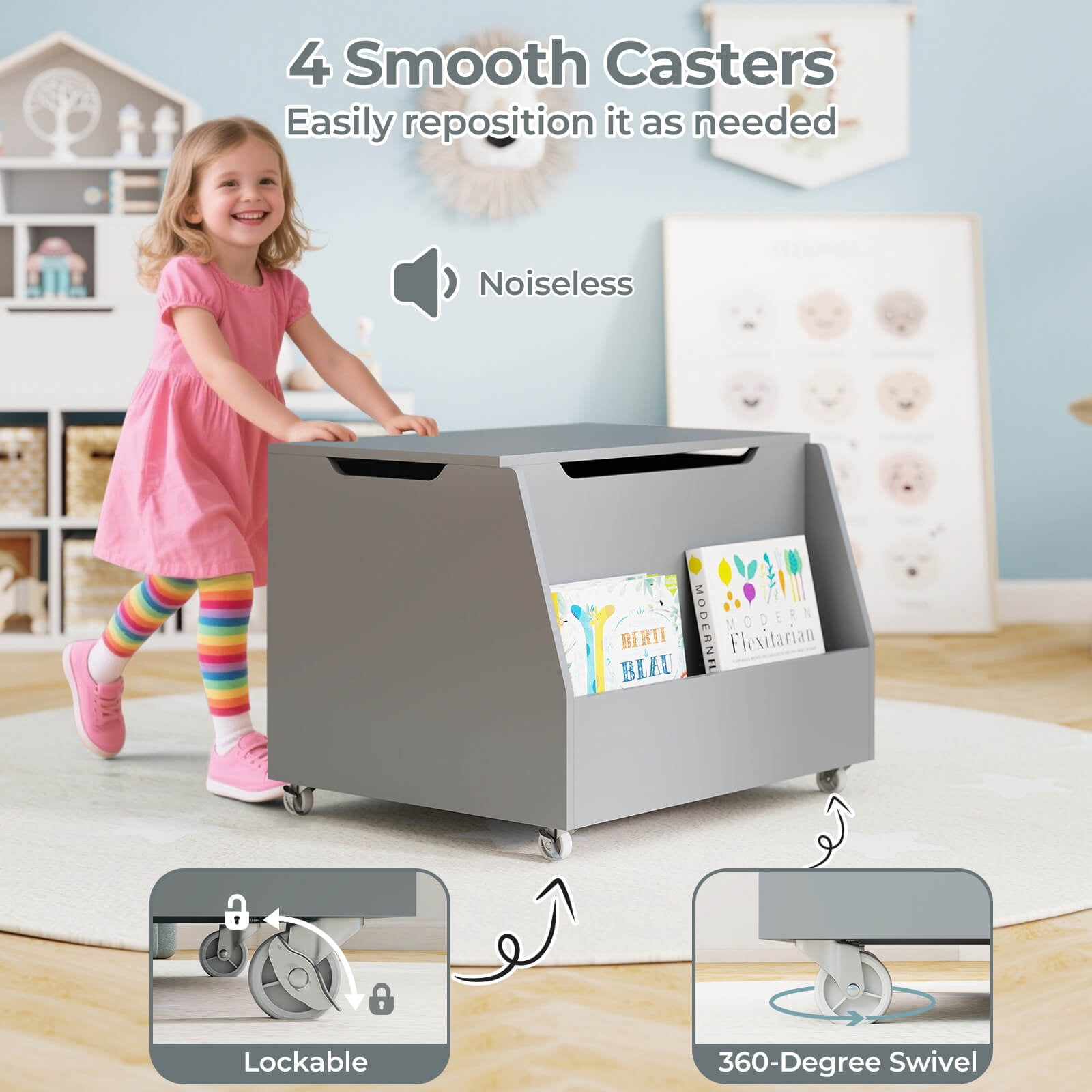 Costway Kids Toy Box Wooden Mobile Toy Storage Organizer with Bookshelf & Lockable Wheels Gray