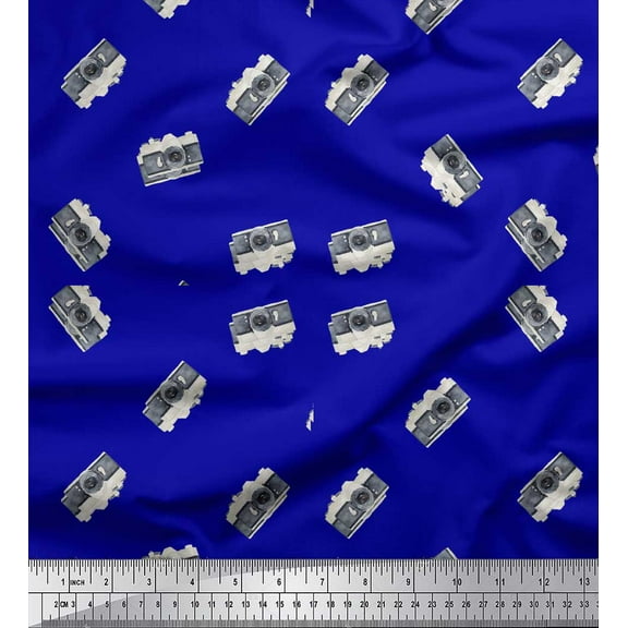 Soimoi Blue Cotton Duck Fabric Handy Camera Travel Print Sewing Fabric Yard 44 Inch Wide