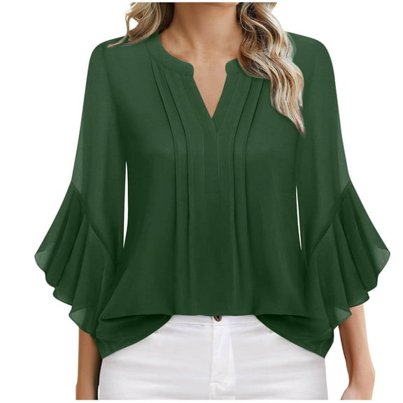Women's 3/4 Sleeve Tops Dressy Casual V-Neck Solid Color Business Work Blouses Chiffon Office Shirts