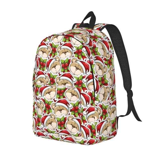 Balery Christmas Hat bear Mochila Clásica Impresa Básica para Viaje, Mochila Escolar Resistente al Agua, Mochila de Lona con Correas Ajustables-Medium