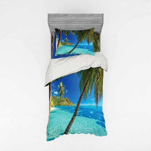 Ambesonne Tropical Bedding Set 3 Pcs, Palm Trees Sea Beach, Twin, Turquoise Blue