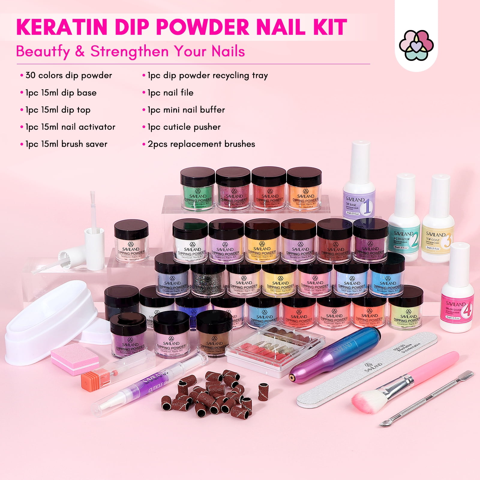 Saviland Keratin Dip Powder Nails Kit with Drill - 30 Colors Dipping Nail Powder Kit with Base and Top Coat Activator Dip Powder Liquids Set, Cuticle Oil and Electric Drill