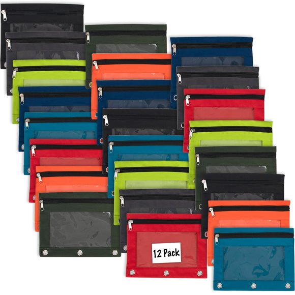 Trail maker Paquete de 12 estuches transparentes para carpetas de 3 anillas a granel | Estuche para lápices de 3 anillas para carpeta con ventana transparente y cremallera | Paquete de estuche grande