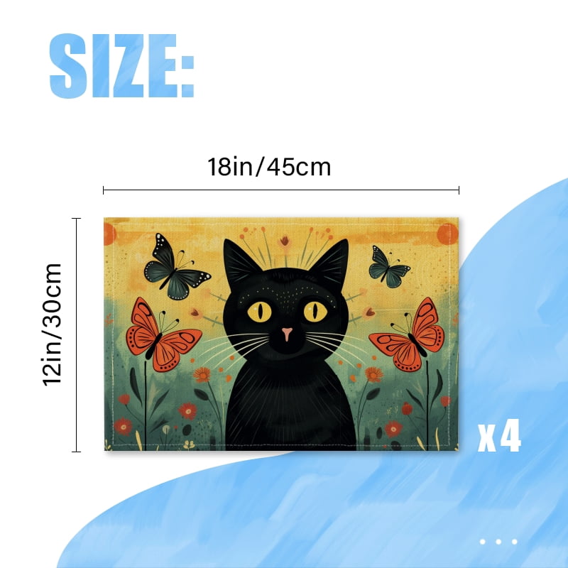 BaHomeck placemats Set of 4 Black Cat Surrounded By Butterflies Cotton Linen rectangle Placemats for Kitchen Dining Table Indoor,Outdoor,18*12inch
