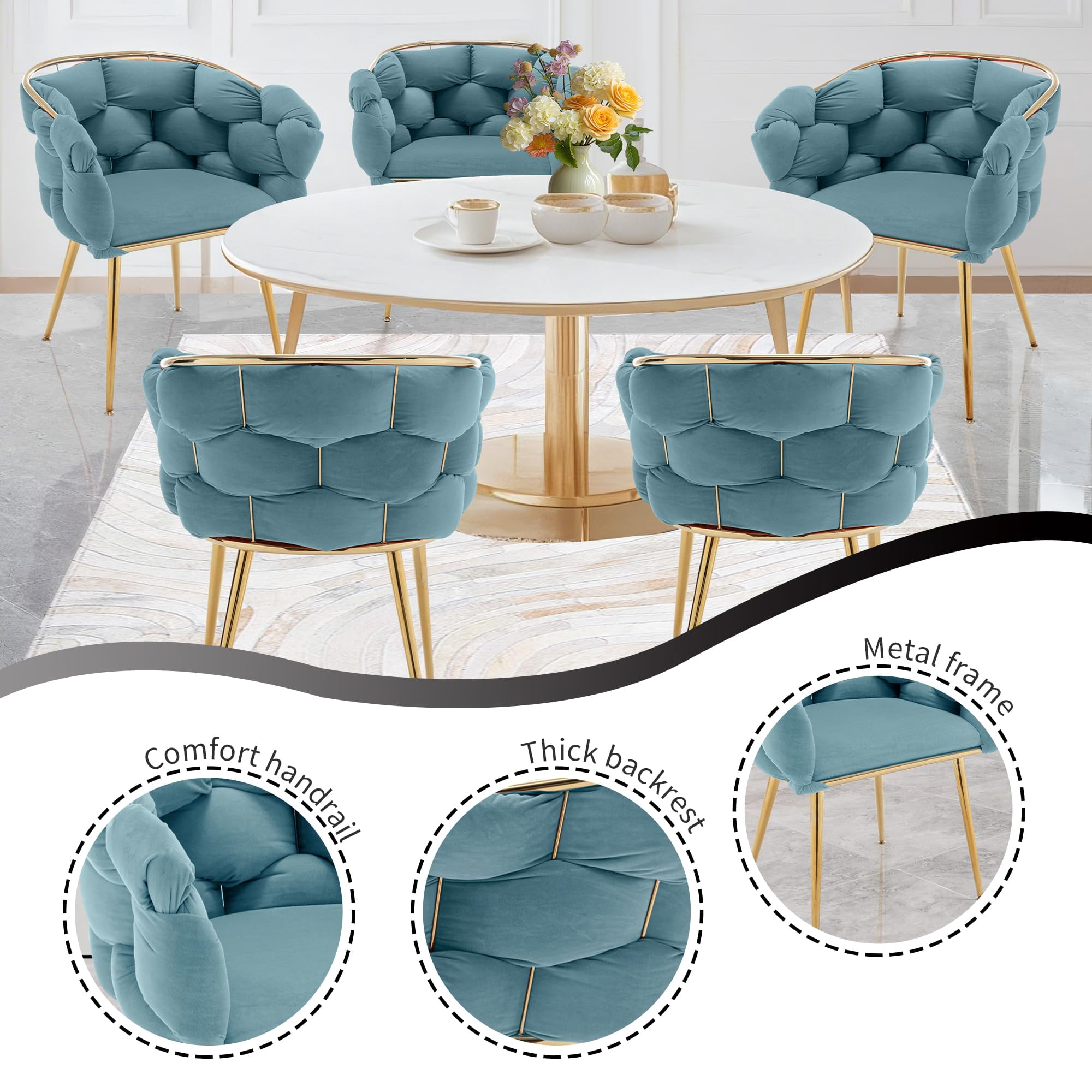 LEHZROAJ Modern Upholstered Dining Chairs Set of 1,Side Chair Oversize Gold Metal Leg for Dining Room,Kitchen,Restaurant(Blue)