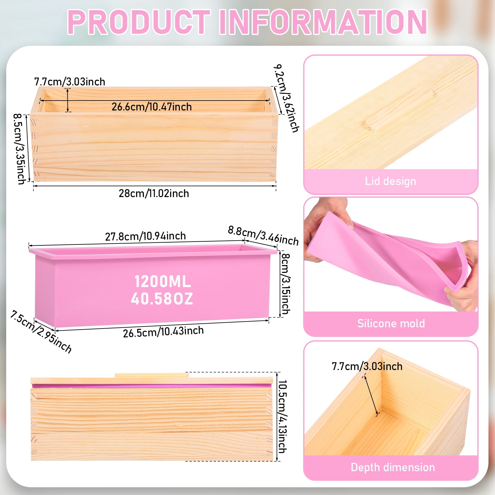 NUAHRHY 2Pcs Soap Loaf Mold, 40.58oz Rectangular Soap Mould Silicone Loaf Soap Moulds with Wooden Box Tray Soap Making Supplies Easy Release for Homemade Craft DIY Tool