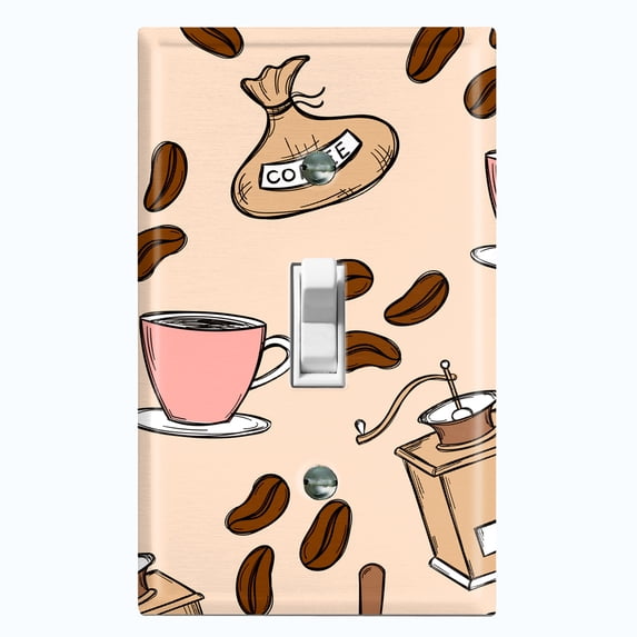 Metal Light Switch Wall Plate Outlet Cover (Coffee Espresso Mocha Bean Grounds Grinder Beige Pattern - Single Toggle)