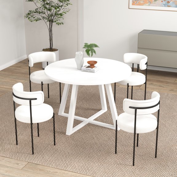 5 Dining - Round Table With 4 Boucle Chairs Dine Curved Back