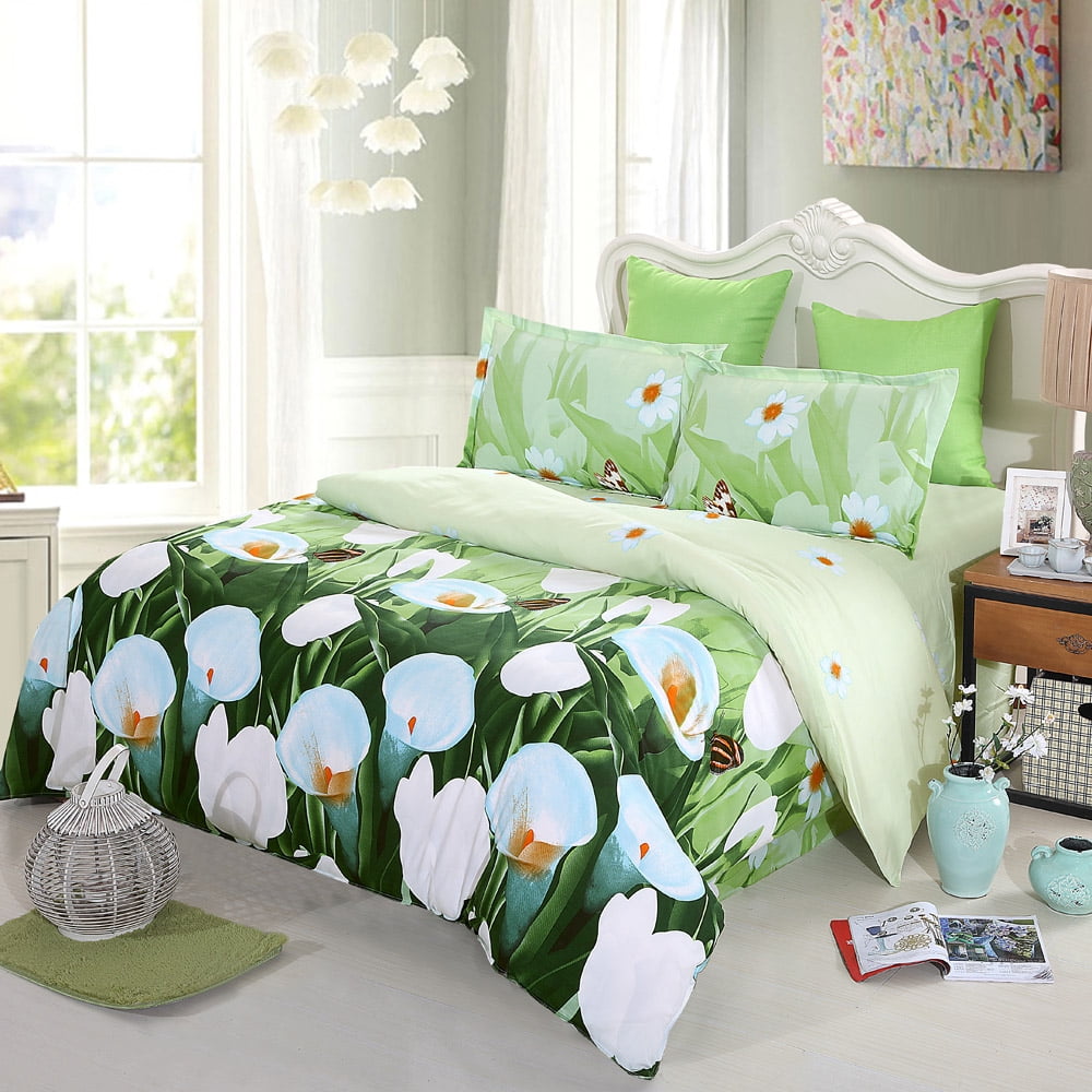 Anself 4pcs 3D Printed Bedding Set Bedclothes White Tulip on Green  Background Duvet Cover+Bed Sheet+2 Pillowcases 
