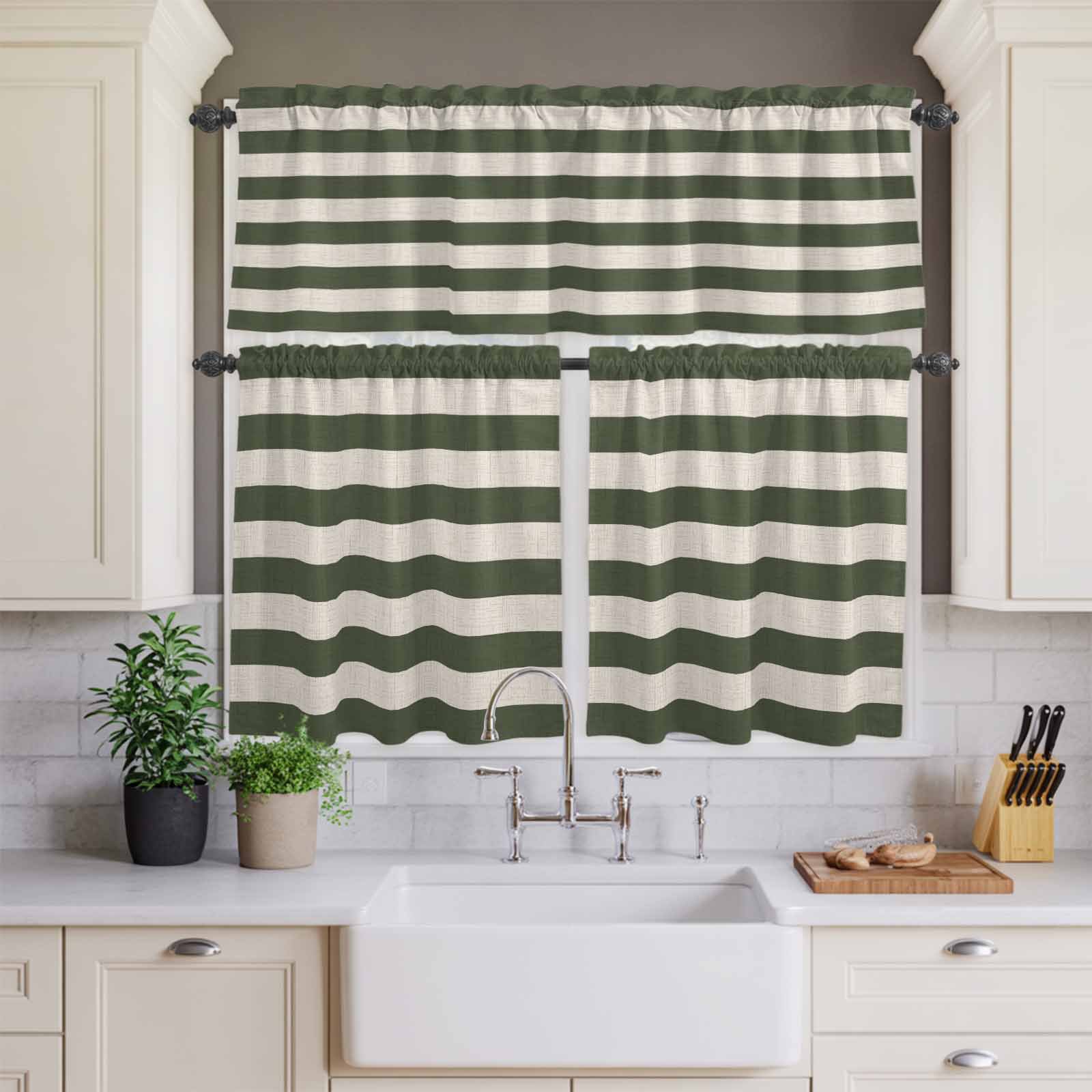 Kitchen Window Curtains Valance and Tier Set Country Rustic Olive Green Stripes Rod Pocket Tier Curtains and Valance Set Farm Linen Flax Texture Window Treatment for Bedroom Living Room
