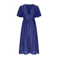 thumbnail image 4 of Mikilon Robes d'Été pour Femmes Ensemble Jupe Aguichant Lanterne Manches Courtes Robe à Carreaux Aguichant Col en V Profond Robes Mode Décontractée Taille Haute Robe de Soirée Unie avec Fente Bleu-A TP, 4 of 7