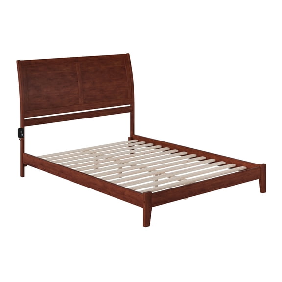 Homestock Beachy Low Profile Platform Bed - Queen Size 93.125" x 56.625" x 66", Walnut Finish, Includes Twin Trundle, USB Ports, Sturdy Construction