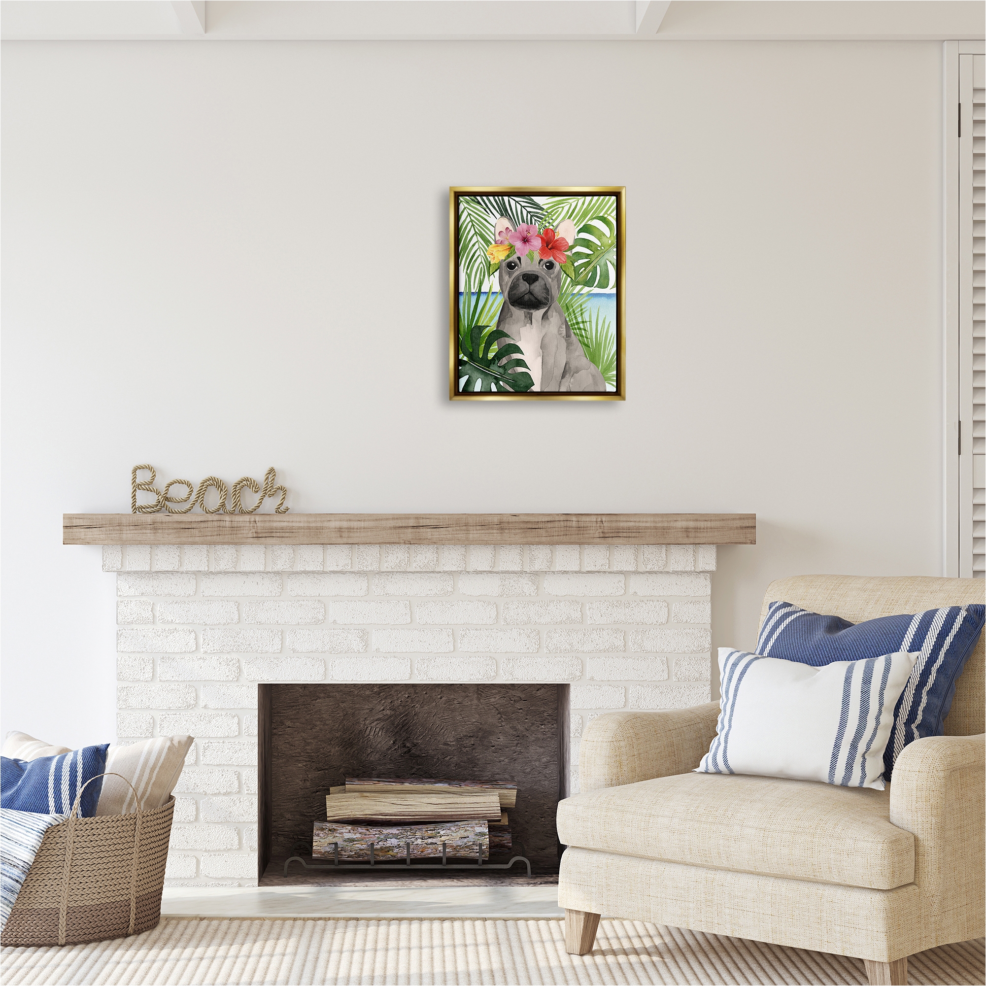 Stupell Industries Tropical French Bulldog Animals & Insects Painting Gold Floater Framed Canvas Art Print Wall Art, 17 x 21