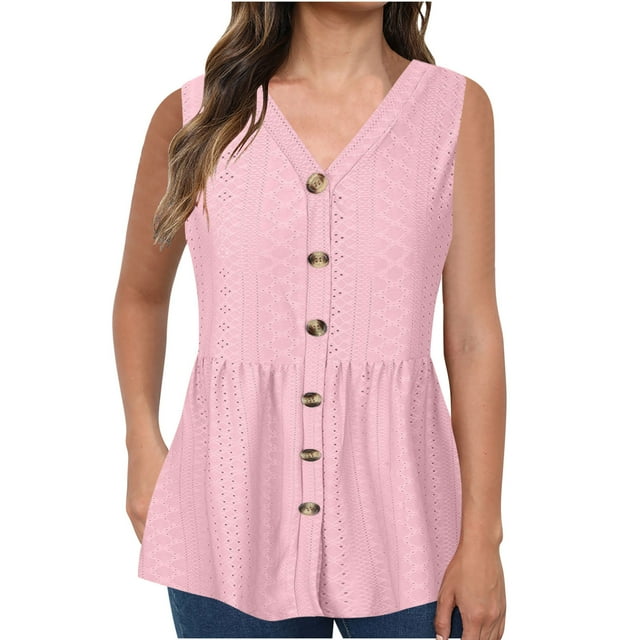 AherBiu Plus Size Tank Tops for Women Button down Tunics V Neck Sleeveless Causal Solid Color Elastic Waist Comfy Camis