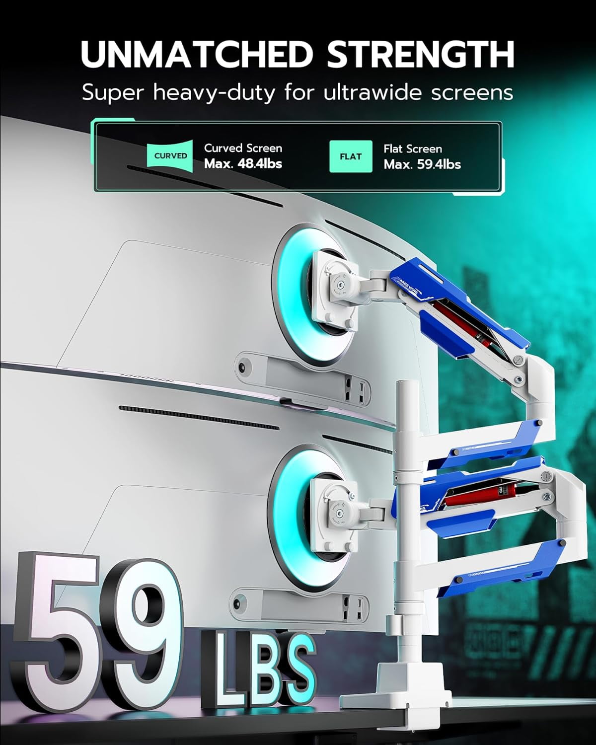 ARES WING Dual Monitor Stand, Adjustable Stacked Monitor Mount with USB A/C, Heavy Duty Gas Spring Monitor Desk Stand for 2 Monitors for 24-57 Inch Ultrawide Screen, 75/100/200 Vesa Mount, White