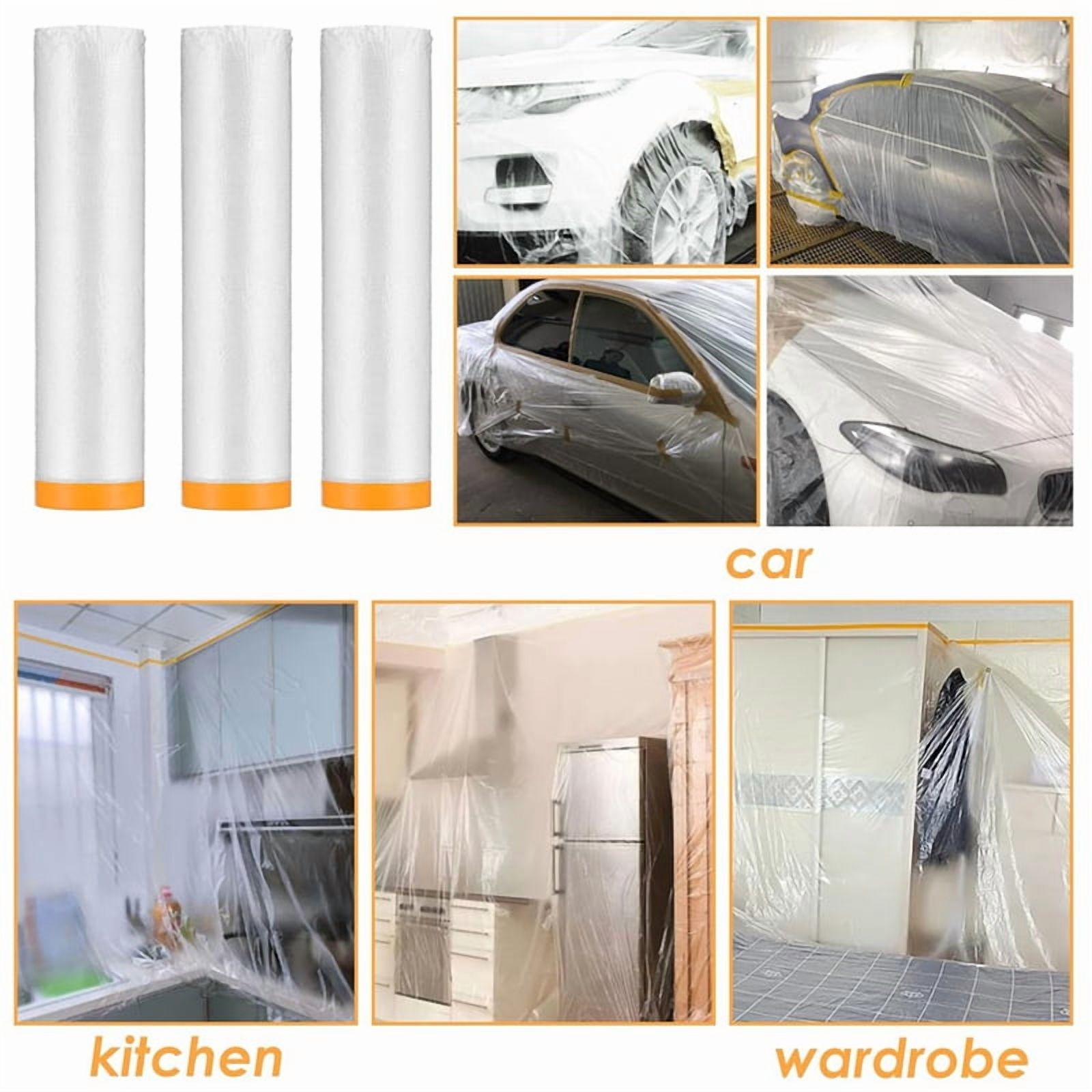 6 Rolls Painters Plastic with Tape, Pre-Taped Masking Film, Automotive Best Tape and Drape,for Covering Skirting