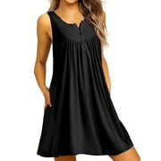Sexy Dance Nightshirt for Women Sleeveless Sleepwear Nightgown V Neck Henley Tunic Tank Dress Casual Lounge Loose Ruched Pajama Dress