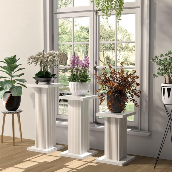 3 Piece Wooden Plant Stand, Square Pedestal Display Plant Stand with Fluted Panel, Flower Potted Plant Stand, White