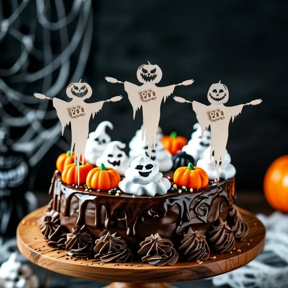 Dserhfy 3 Pcs Halloween Cupcake Toppers Spooky Pumpkin Ghost Wooden Cupcake Pick for Halloween Theme Baby Shower Birthday Party Cake Decoration