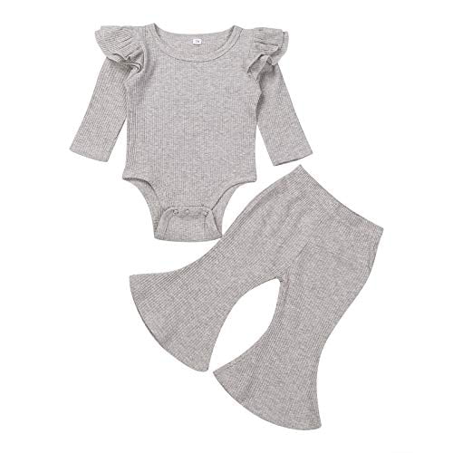 Newborn Baby Girl Ribbed Fall Clothes Set Long Sleeve Romper+Flare Pants Outfits