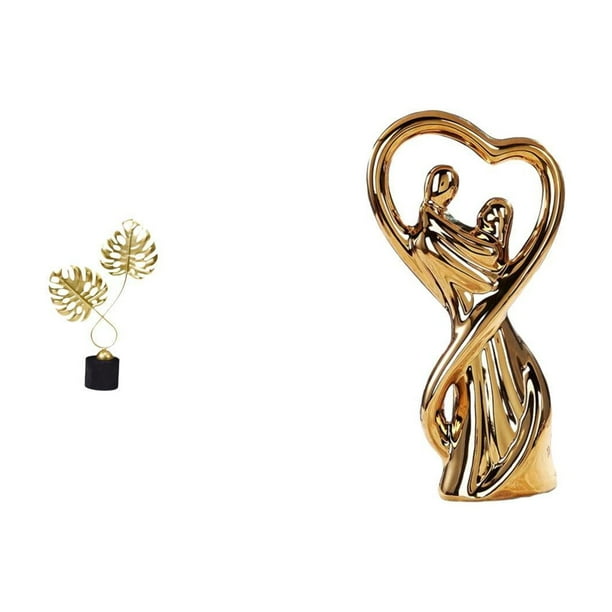 Estatua de pareja con hojas, figura decorativa, escultura, obra de arte, cerámica, hierro y madera, diseño moderno y minimalista, ideal para el hogar,