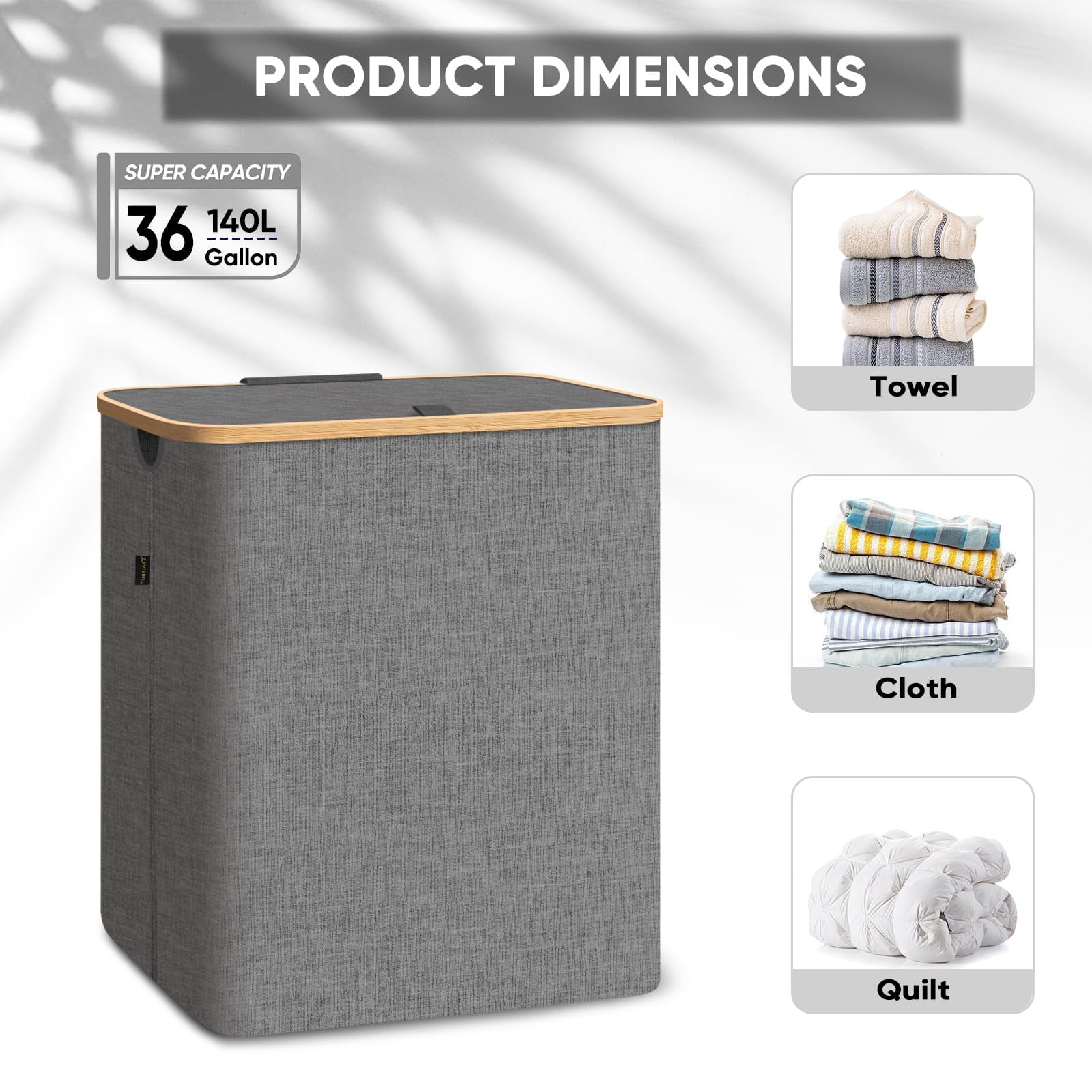 HOMLUX 36 Gallon/140L Laundry Basket Set, Collapsible Tall Clothes Hamper with Bamboo Handles and Sturdy Frame