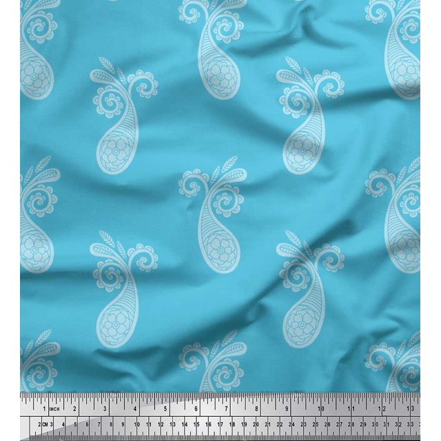 Soimoi Blue Velvet Fabric Floral & Paisley Printed Fabric 1 Yard 58 Inch Wide