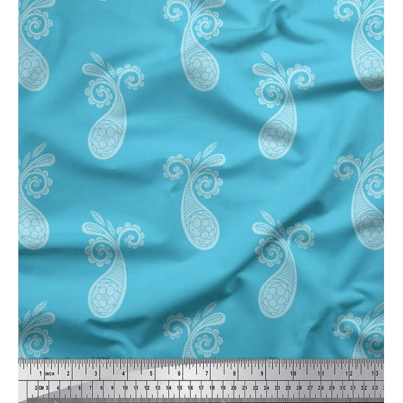 Soimoi Blue Crepe Silk Fabric Floral & Paisley Print Fabric by Yard 42 Inch Wide