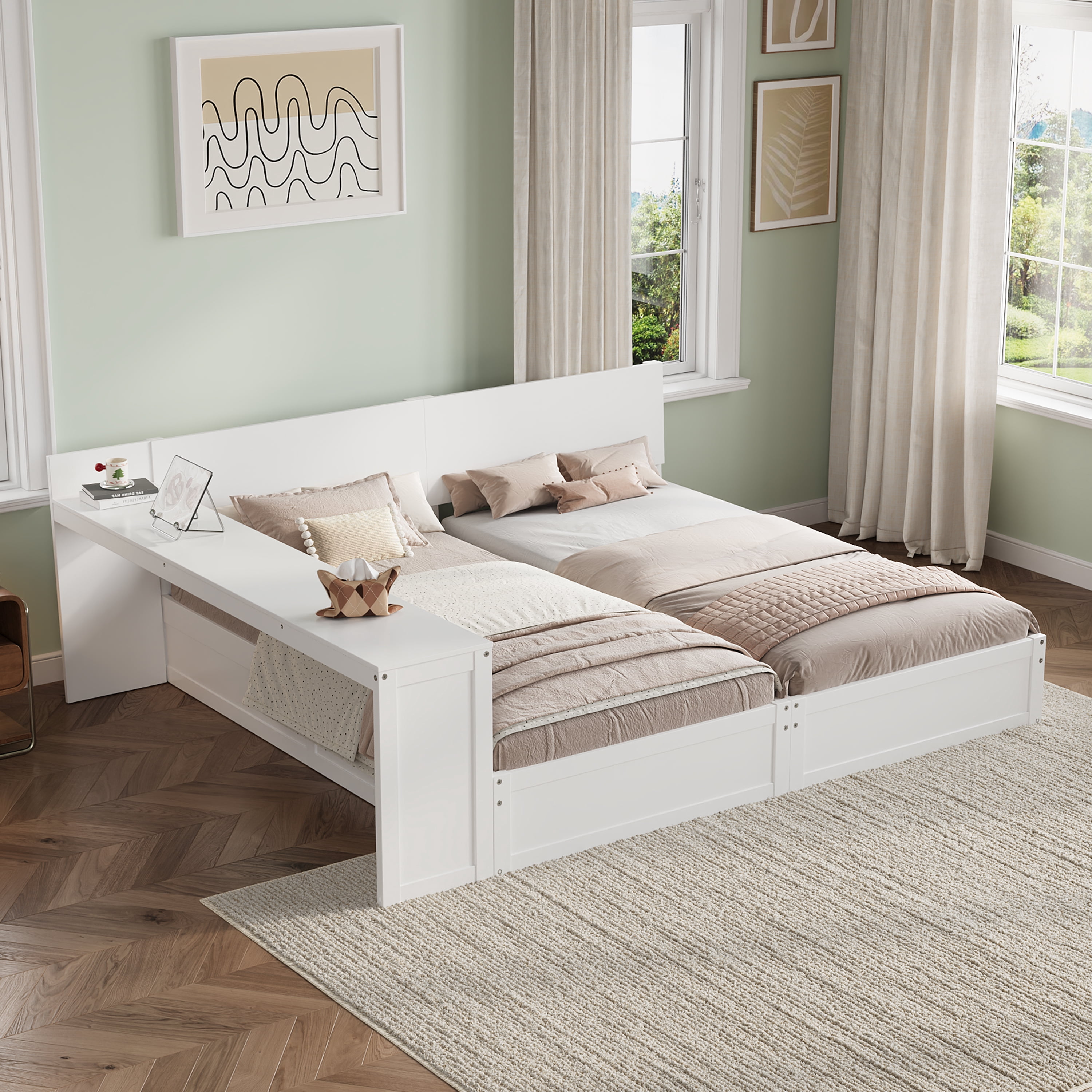 Mintazer Twin Size Double Platform Bed Frame with Adjustable Middle Storage Desk, 2 Twin Beds with Movable Workstation for Kids Teen Shared Bedroom Guest Room, White