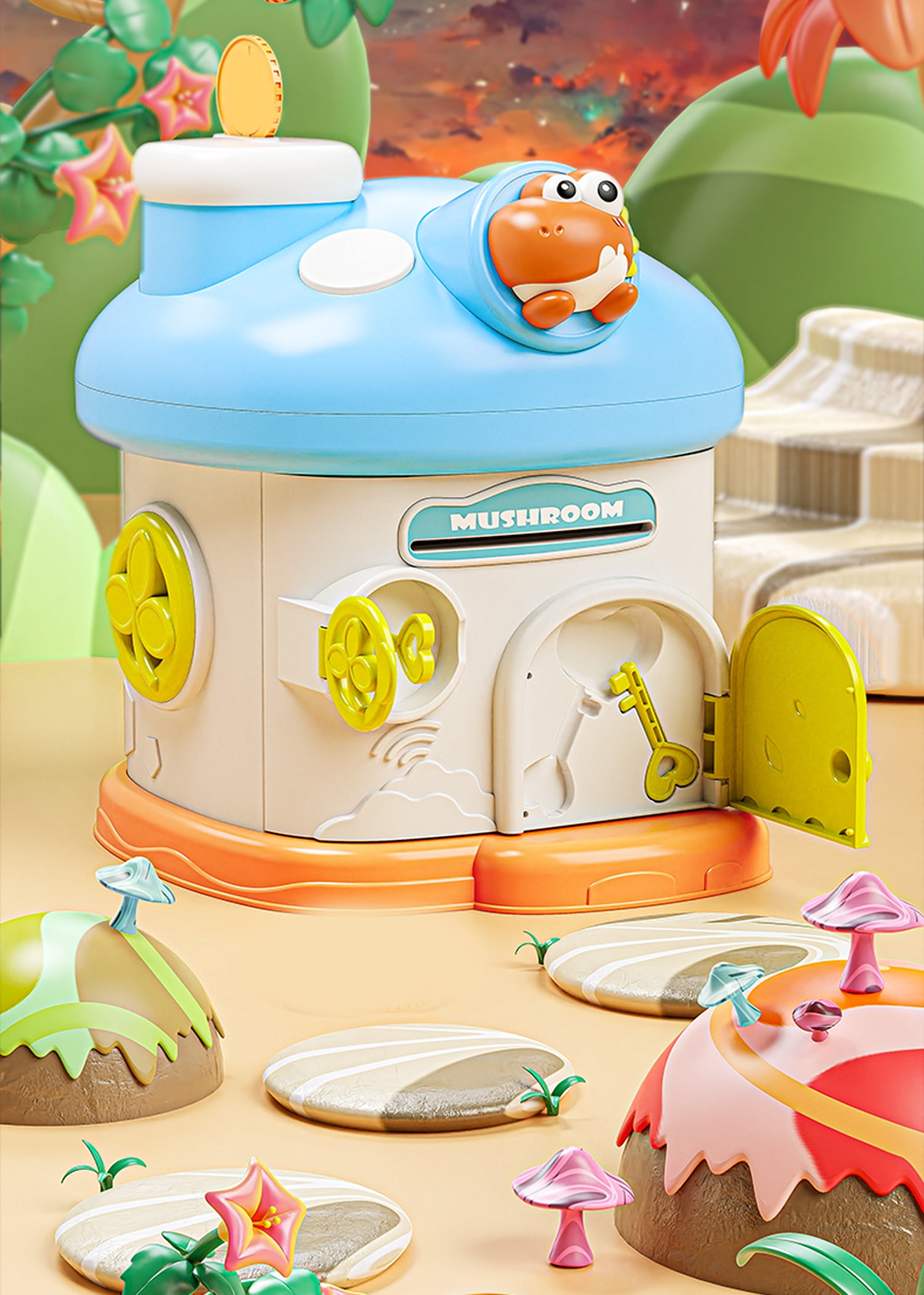 Whimsical Mushroom House Piggy Bank with Lock and Keys, Kids Savings Coin Bank Toy