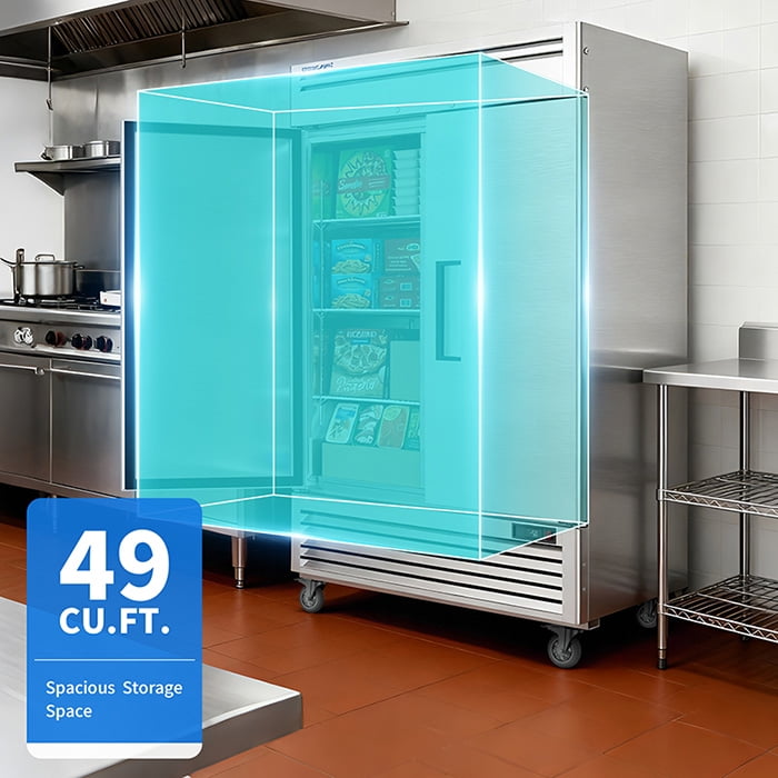 Coolake 54" W Commercial Freezer, 49 Cu Ft Soild Door Upright Freezer with 8 Adjustable Shelves, Frost-free Stainless Steel Industrial Reach-in Freezer for School Restaurant Church Prep Kitchen