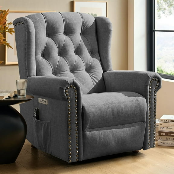 OUINCH Power Swivel Rocking Glider Recliner Chair, Electric Nursery Reclining Sofa Chair with Heat and Massage, Wingback Tufted Upholstered Recliner for Living Room, USB and Type-C Ports, Grey