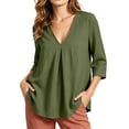 thumbnail image 2 of thefmos Women's Fall V Neck 3/4 Sleeve Pleated Flowy Blouses Casual Dressy Tops Solid Basic Pullover for Work Vacation Fashion Clothes, Army Green S, 2 of 9